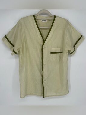 Vintage 1960s Manchester Mens Shirt Grid Pattern Green Trim Button Front Top